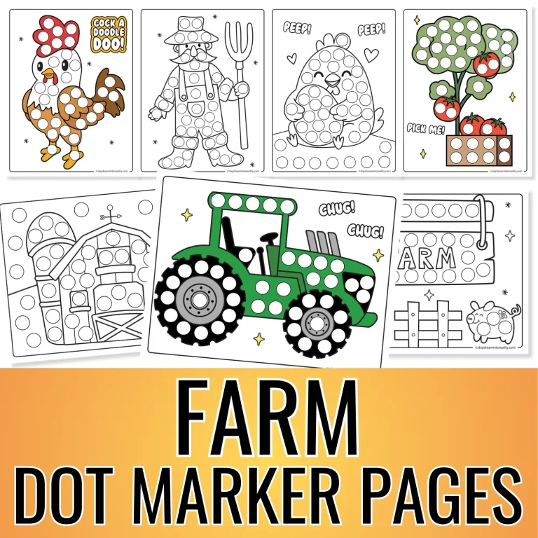 Farm dot marker printable collection preview featuring colorful and black-and-white farm worksheets with animals, vegetables, a tractor, barn and farmer.