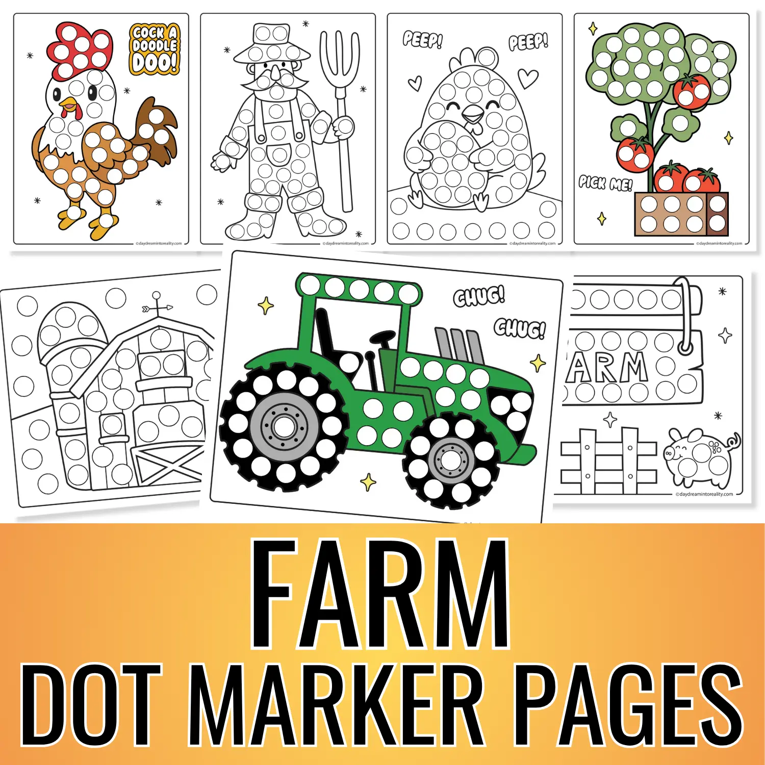 Farm dot marker printable collection preview featuring colorful and black-and-white farm worksheets with animals, vegetables, a tractor, barn and farmer.