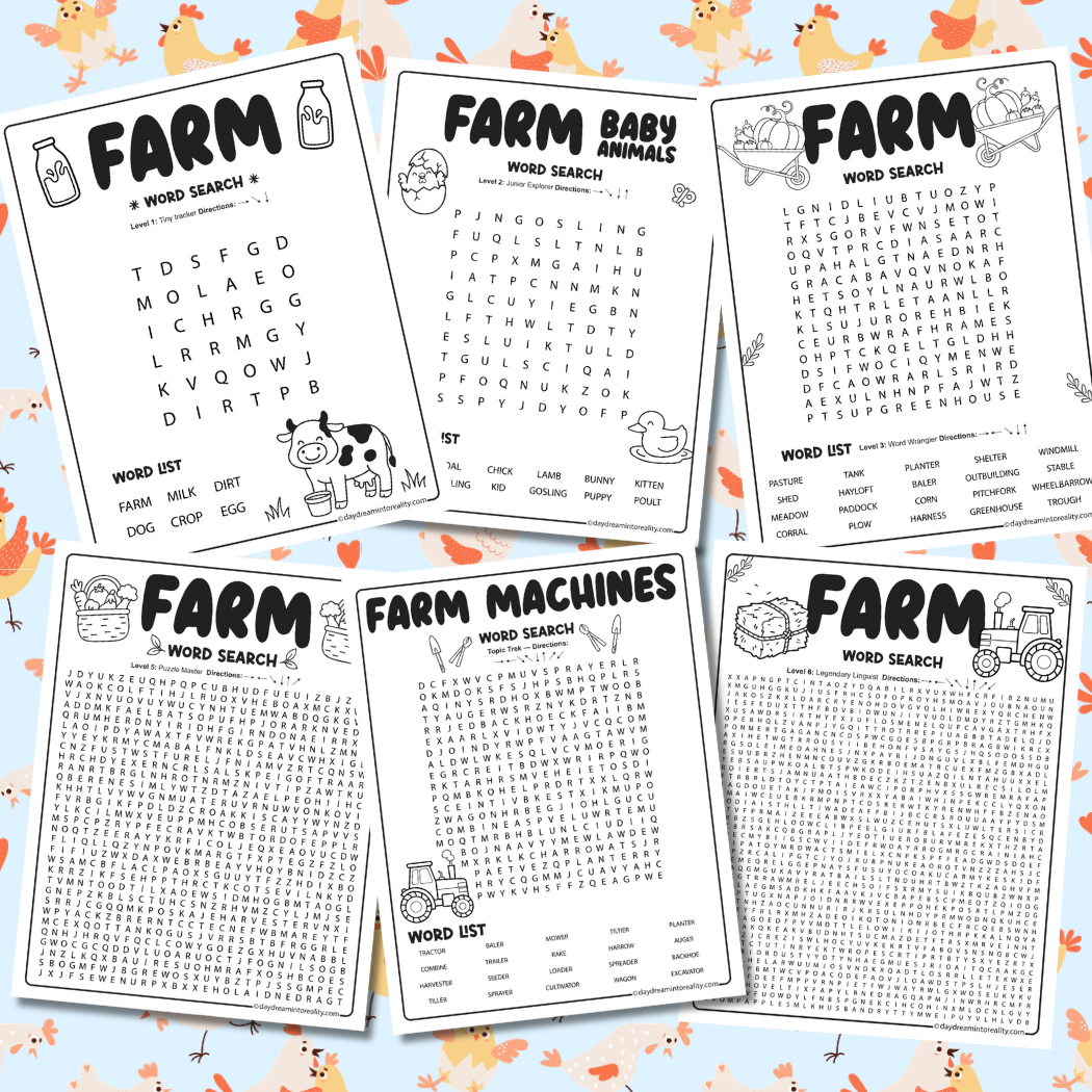 Collection of farm word search puzzles for kids with multiple difficulty levels
