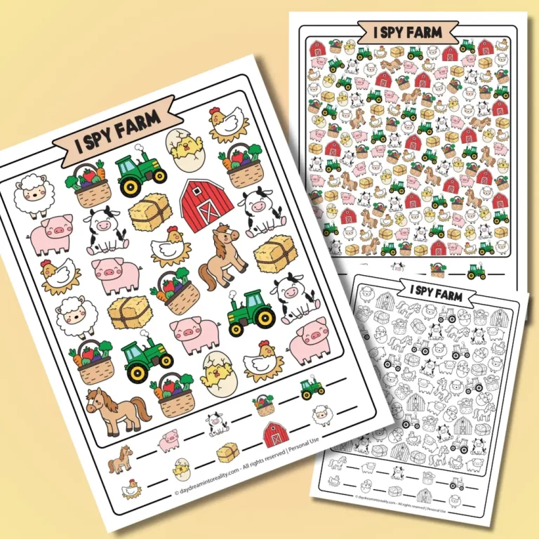 I Spy Farm free printable PDF with animals and objects. Color and black & white. Easy, medium and hard.