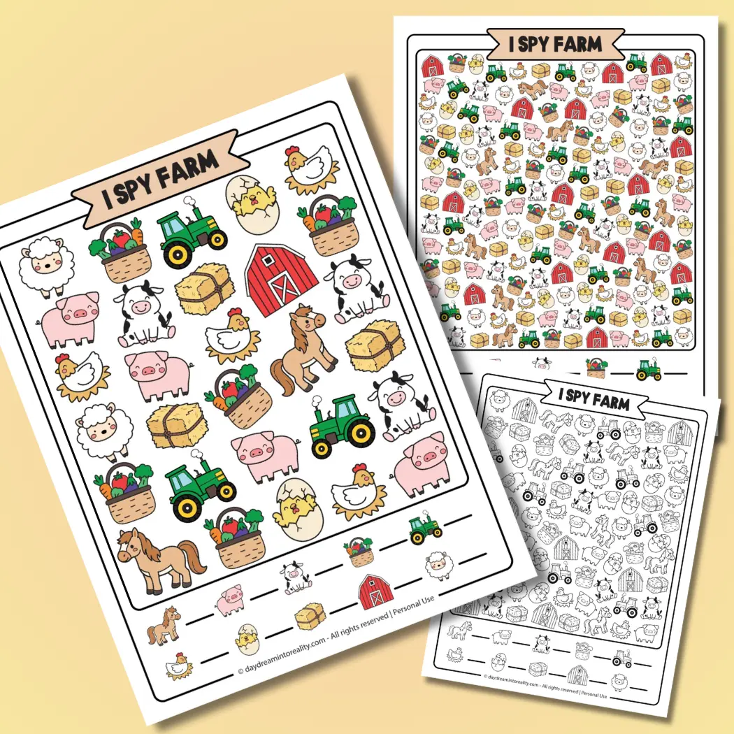 I Spy Farm free printable PDF with animals and objects. Color and black & white. Easy, medium and hard.